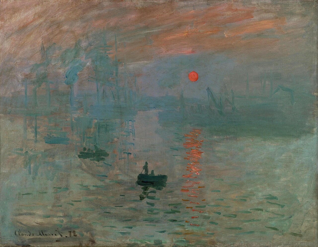 Marine à l'aube, soleil orangé se levant sur un port brumeux