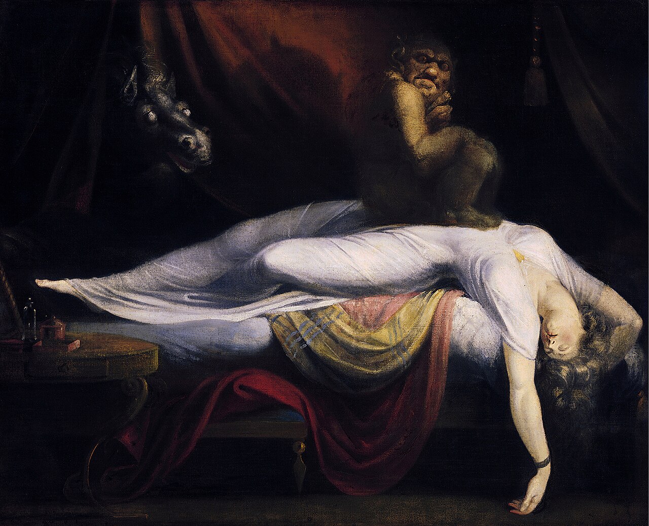 Scène nocturne onirique, figure endormie et créature pesant sur sa poitrine