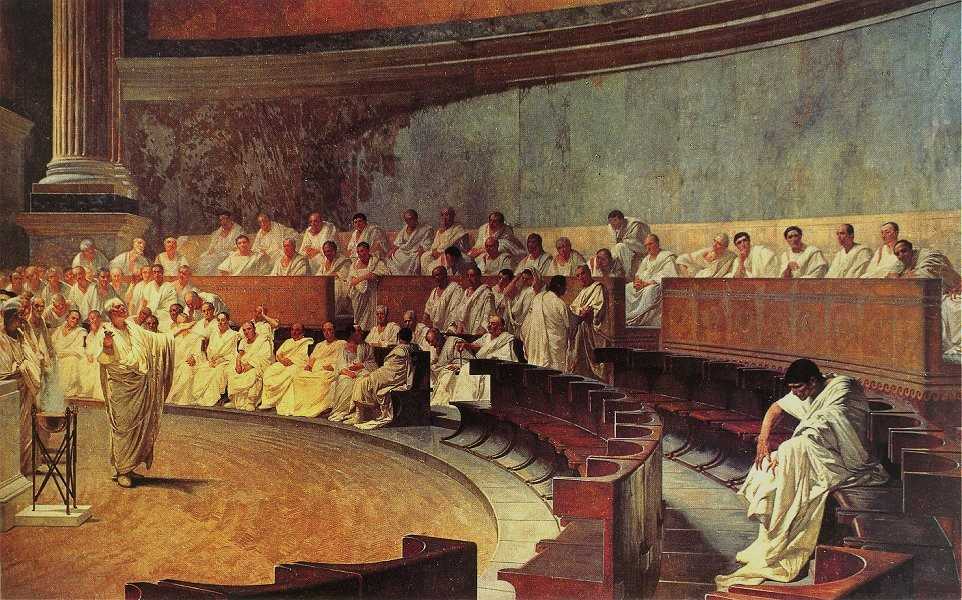 Fresque représentant un orateur romain s'exprimant devant une assemblée du Sénat