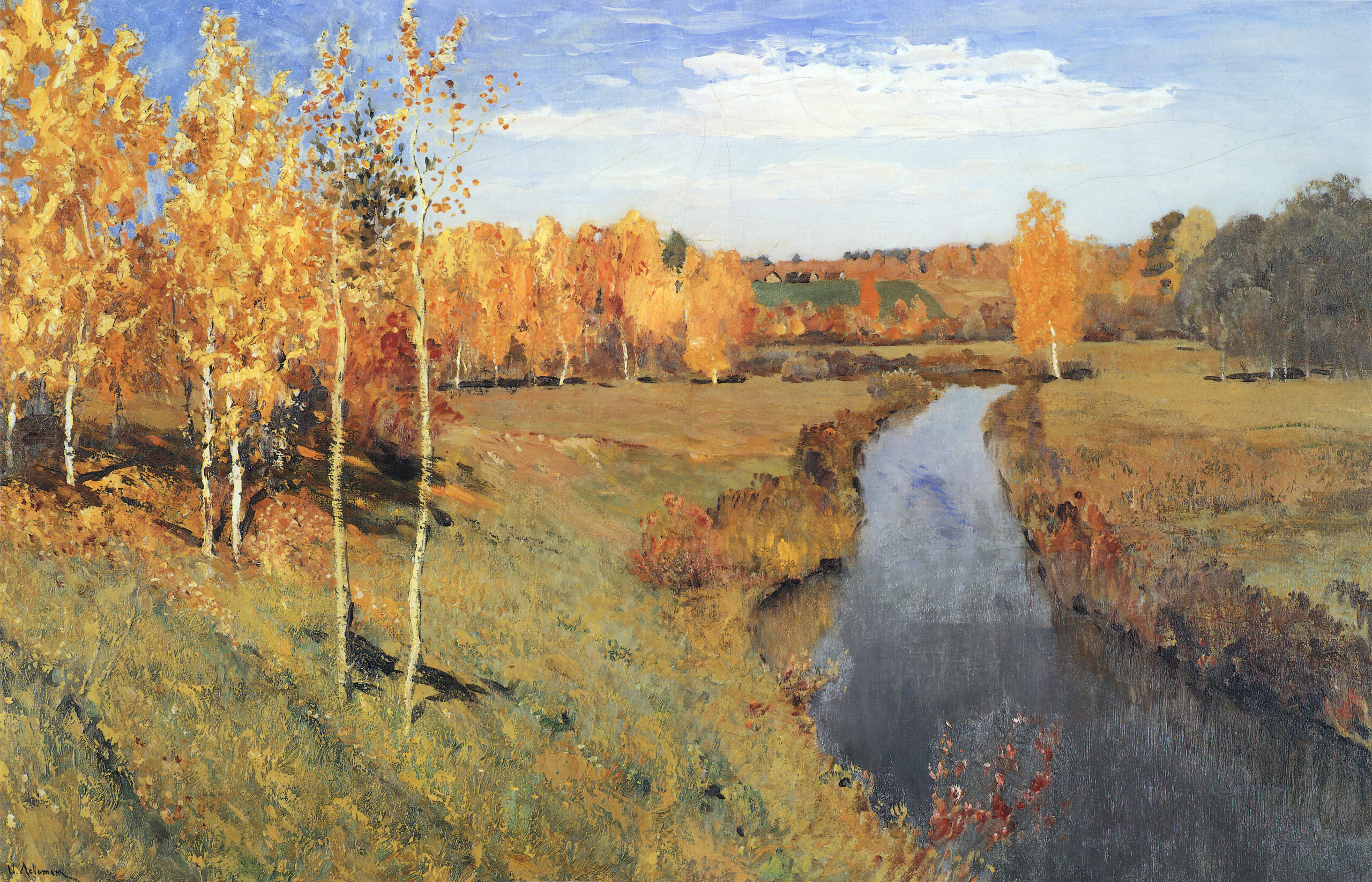 Bosquet de bouleaux dorés au bord d'une rivière calme sous un ciel clair d'automne